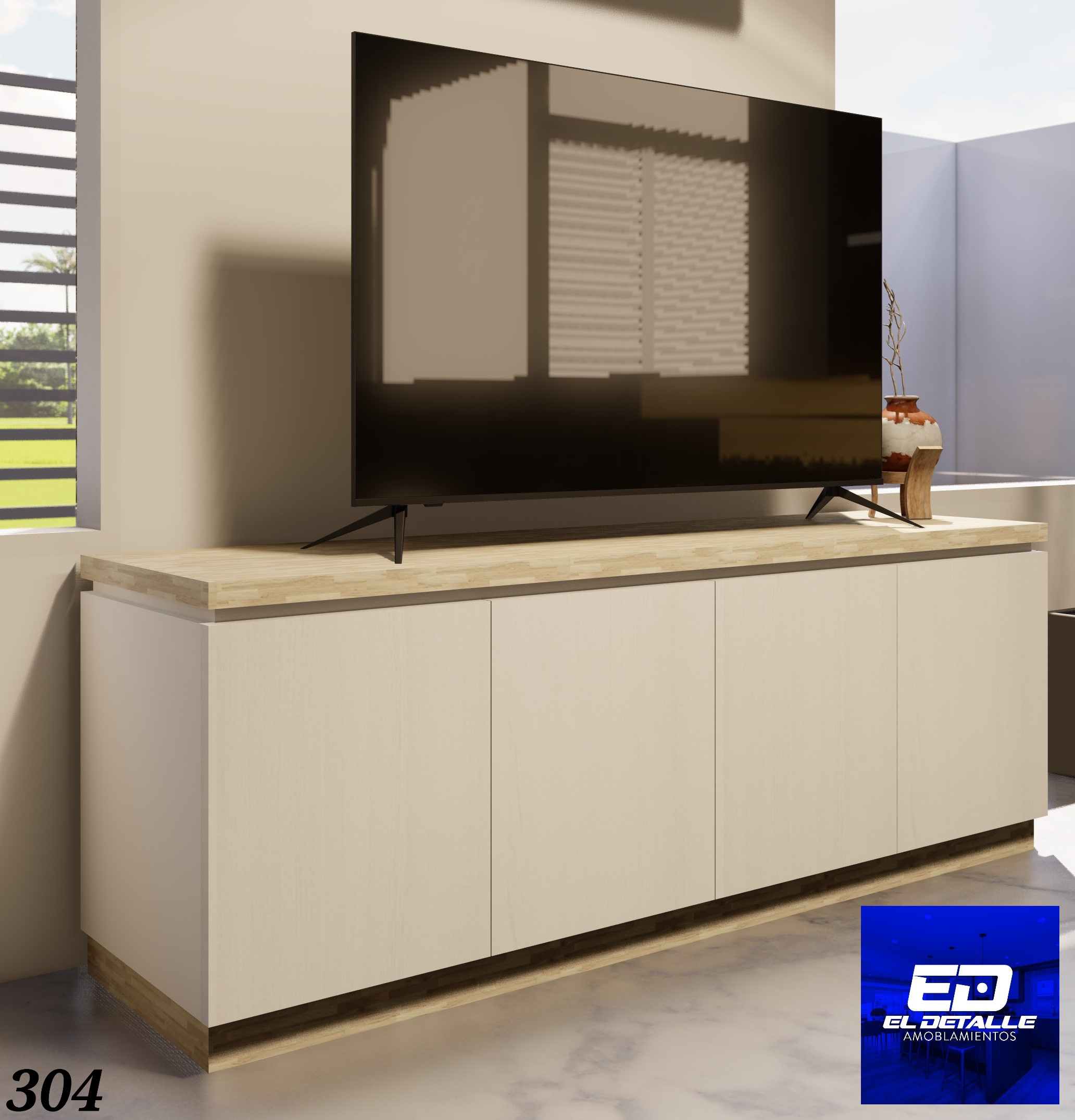 mueble de tv en melamina y multilaminado laqueado con 4 puertas